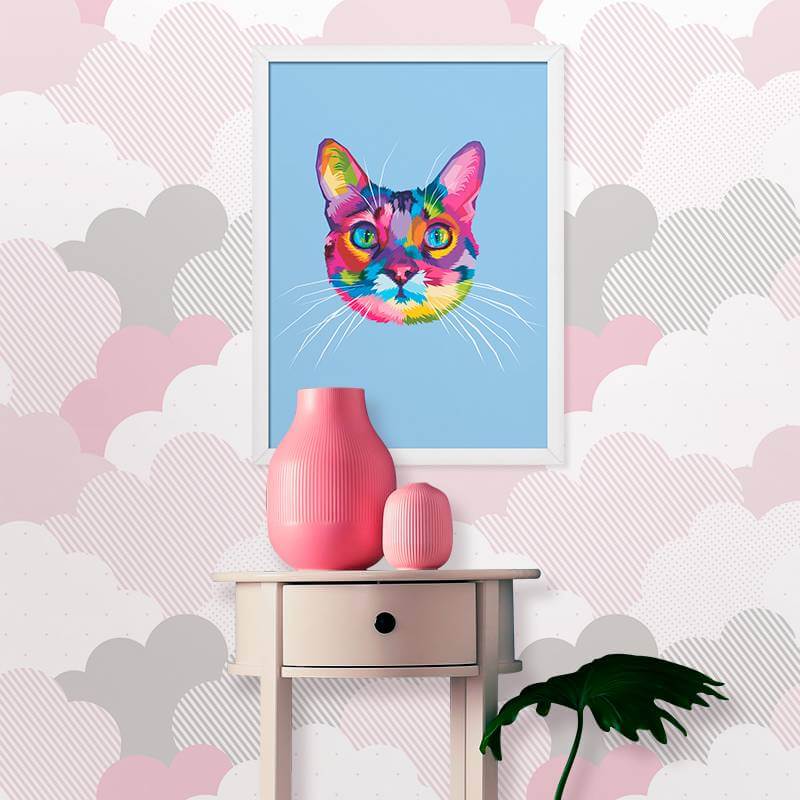 Quadros decorativos para sala com gato colorido 